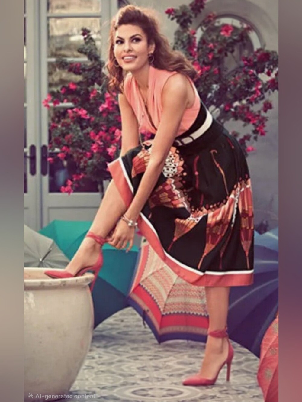 Eva Mendes Black Pleated Skirt Umbrella Print Women's Size 18